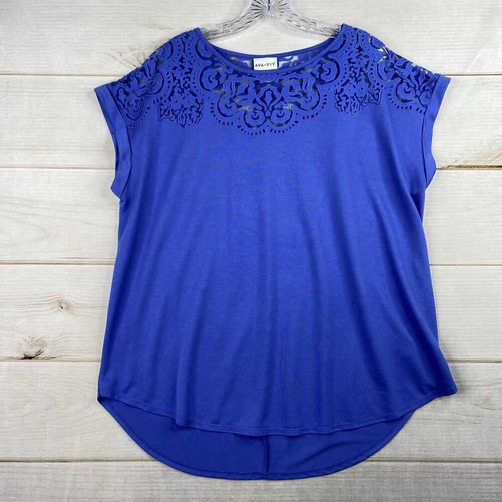 Ava & Viv Top Womens 1X Blue Embroidered Burnout Cap Short Sleeve Boho Stretch